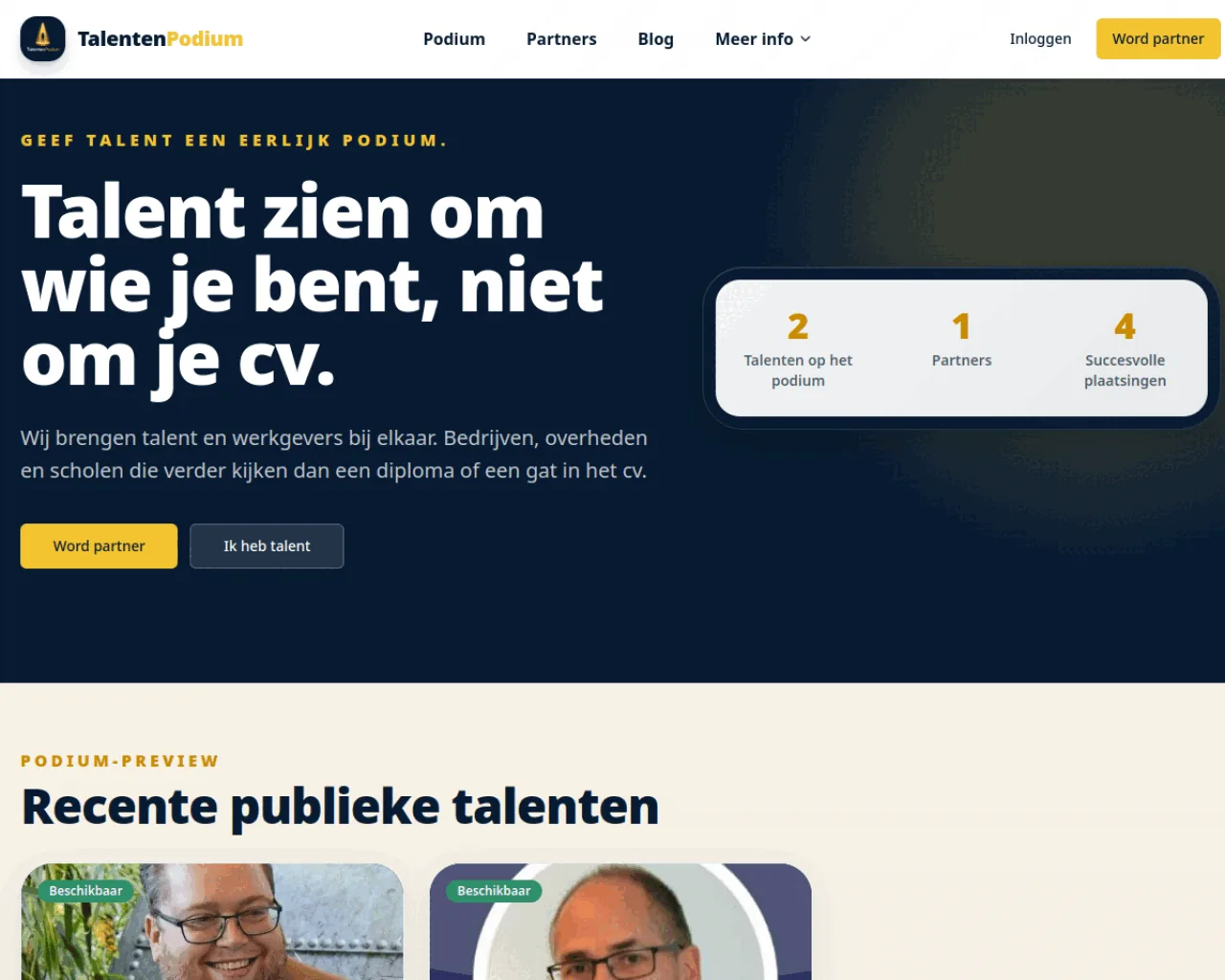 Website talentenpodium.nl, gebouwd door Liddo